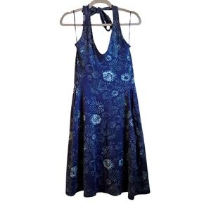 Pact Womens Navy Blue Starburst Print Halter Neck Midi Dress with Pockets Size M